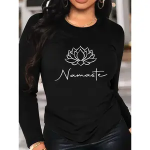 Women'S Casual Long Sleeve T-Shirt - Breathable & Soft, Elegant Lotus Flower Print, Loose Fit, All-Season Comfort, 180g Polyester, Machine Washable, Perfect for Casual Attire, Everyday Comfort Apparel | Elegant Casualwear | Soft Texture
