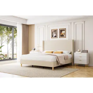 Modern Upholstered Platform Bed Frame – Vertical Channel Tufted Wingback Headboard, Strong Wooden Slat Support, No Box Spring, Easy Assembly – Fits King, Queen, Full Size, Creamy Beige