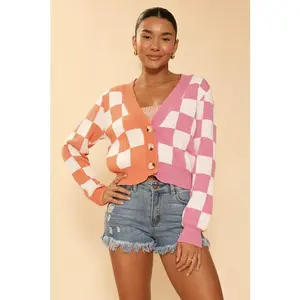 Two tone checkered cropped knit cardigan