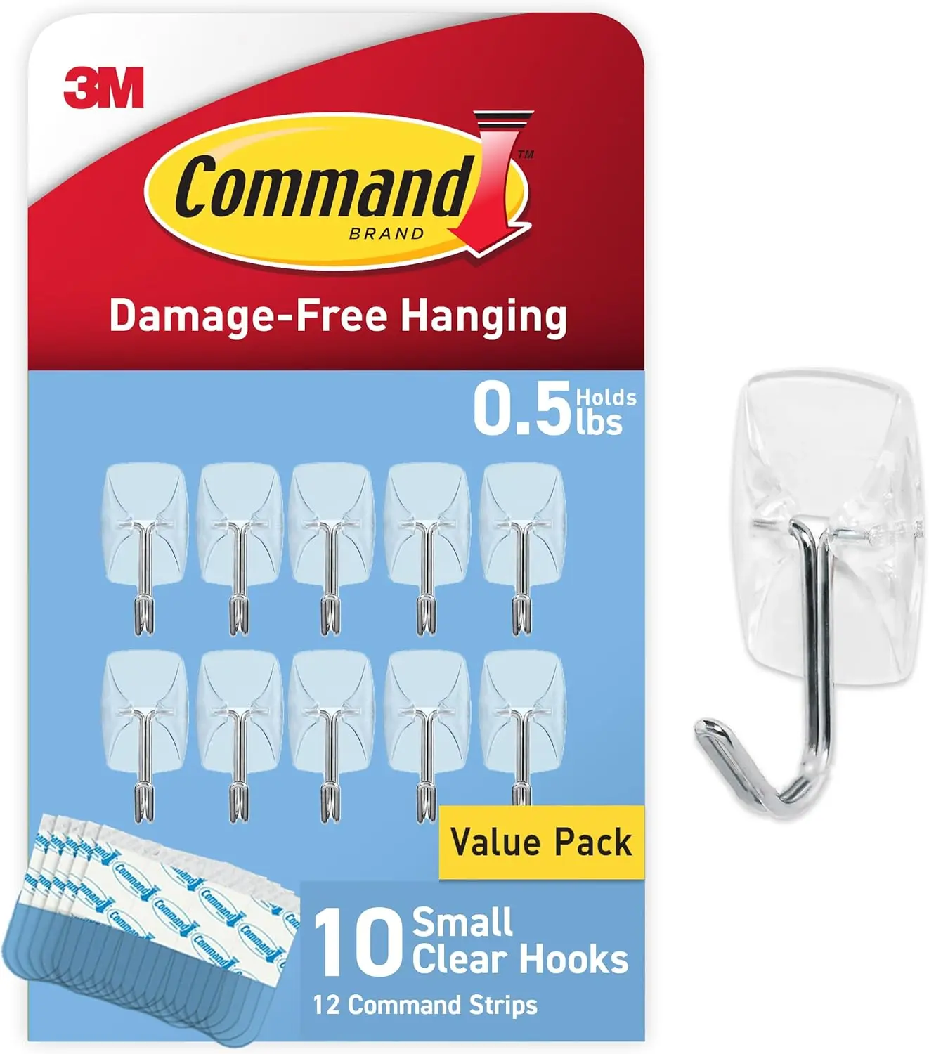 Command Small Clear Wire Toggle Hooks, 10 Wall Hook and 12 Strips, Damage-Free Hanging with Adhesive, Great for Hanging, Organization and Storage, Holds up to 0.5 lb