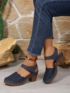 2026 Retro Hollow Out Flower Heeled Sandals, Velcro Strap Closed-Toe Casual Shoes, Breathable Summer Women's Footwear, Ankle Wrap Sandals