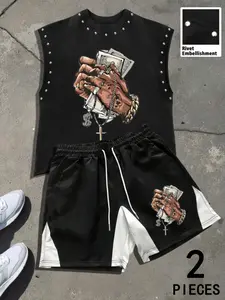 Two-Piece Set Men's Letter Print Short Sleeve Graphic Tee & Geometric Print Shorts, Regular Fit Round Neck T-shirt & Track Shorts, Casual Summer Clothes Set for Outdoor