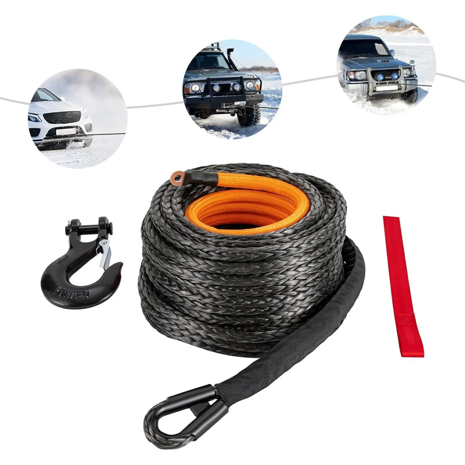 1/2" x92FT Synthetic Winch Rope - Cable Kit -31500LBS Winch Line with Protective Sleeve Winch Hook Safety Pull Strap go for 4WD Off-Road Vehicle Truck SUV ATV UTV-Black