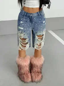 Y2K Trendy Street Style Streetwear Rhinestone Stud Ripped Denim Shorts, Fashion Loose Fit Shorts, Casual Summer Wear, Women's Clothing