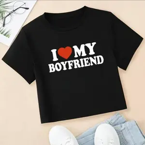 I Love My Boyfriend Crop Top Baby Tee - Women's Casual Fitted Summer Tshirt