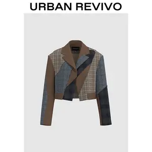 URBAN REVIVO Women's Paneled Plaid Fitted Long Sleeve Coat - 2025 Fashion Elegance Jacket, Versatile 1-Piece Casual Everyday Outerwear