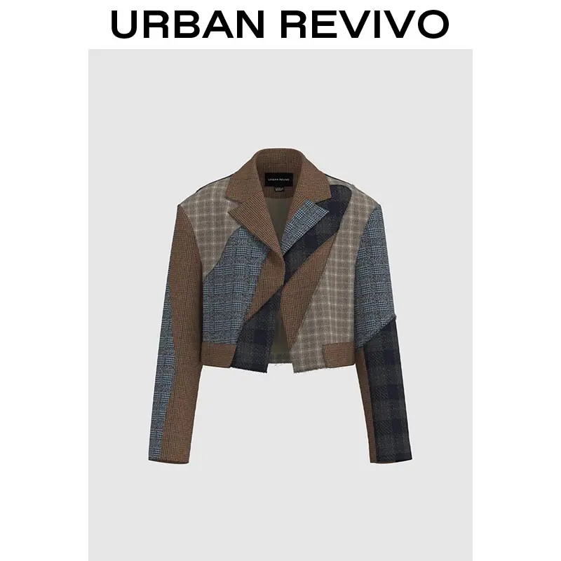URBAN REVIVO Women's Plaid Jacket - Elegant Fitted Fashion Apparel with Paneled Long Sleeves, Women's Fashion Clothes for Casual Everyday Outfits, Elegance, Fitted Cut, Do Not Dry Clean, Piece