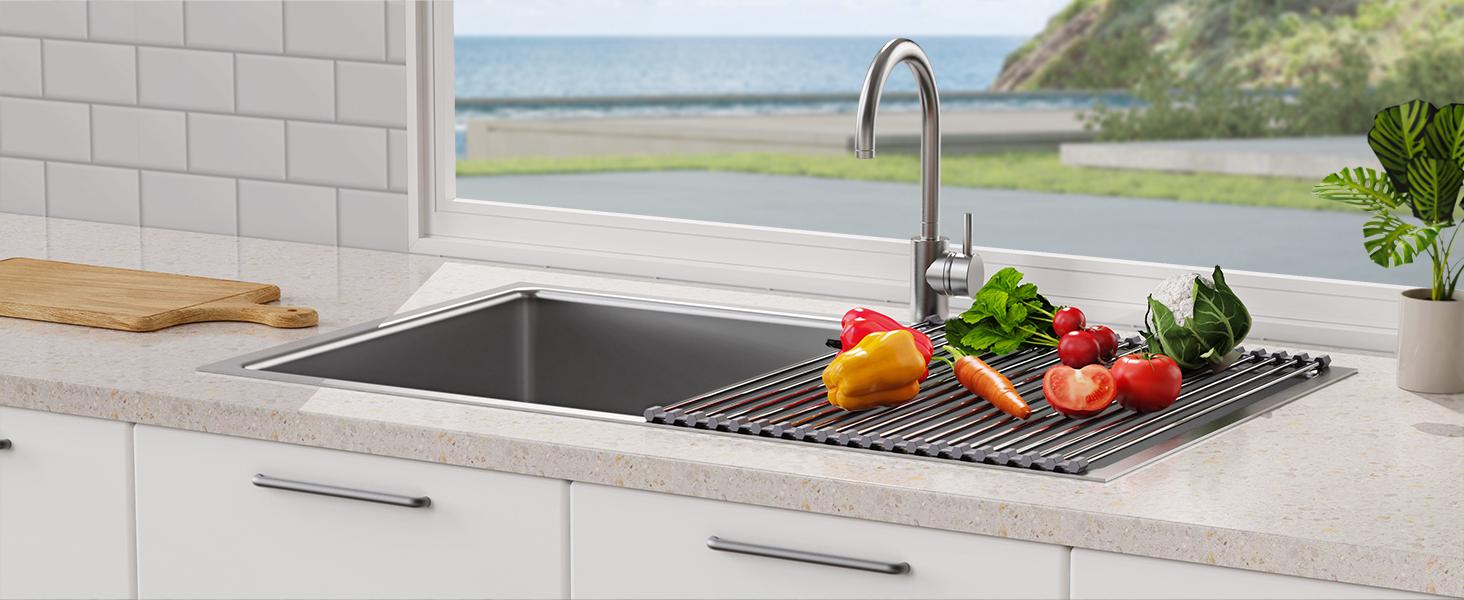 17.7" x 15.5" Roll Up Dish Drying Rack Over Sink Drying Rack Sink Cover Kitchen Sink Accessories Gadget Multipurpose Organizer Foldable Stainless Steel Drainer (Grey)