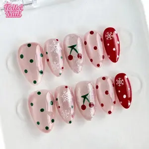 Cherry Dot Handmade Press-On Nails, Medium Almond Shape, 10pcs, Fresh Berry Design, Nail Art Design, Pink Sheer Base & Hand Drawn Cherry & Colorful Polka Dot, Reusable DIY Nail Kit for Women, Nails for Spring, Summer, Dates & Daily Wear