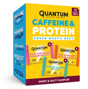 Quantum Energy Square Healthy Protein Energy Bars Sweet & Salty Variety 12-Pack - Organic Caffeine with Balanced Macronutrients, 10g Plant-Based Protein, Vegan, Gluten-Free, Non-GMO