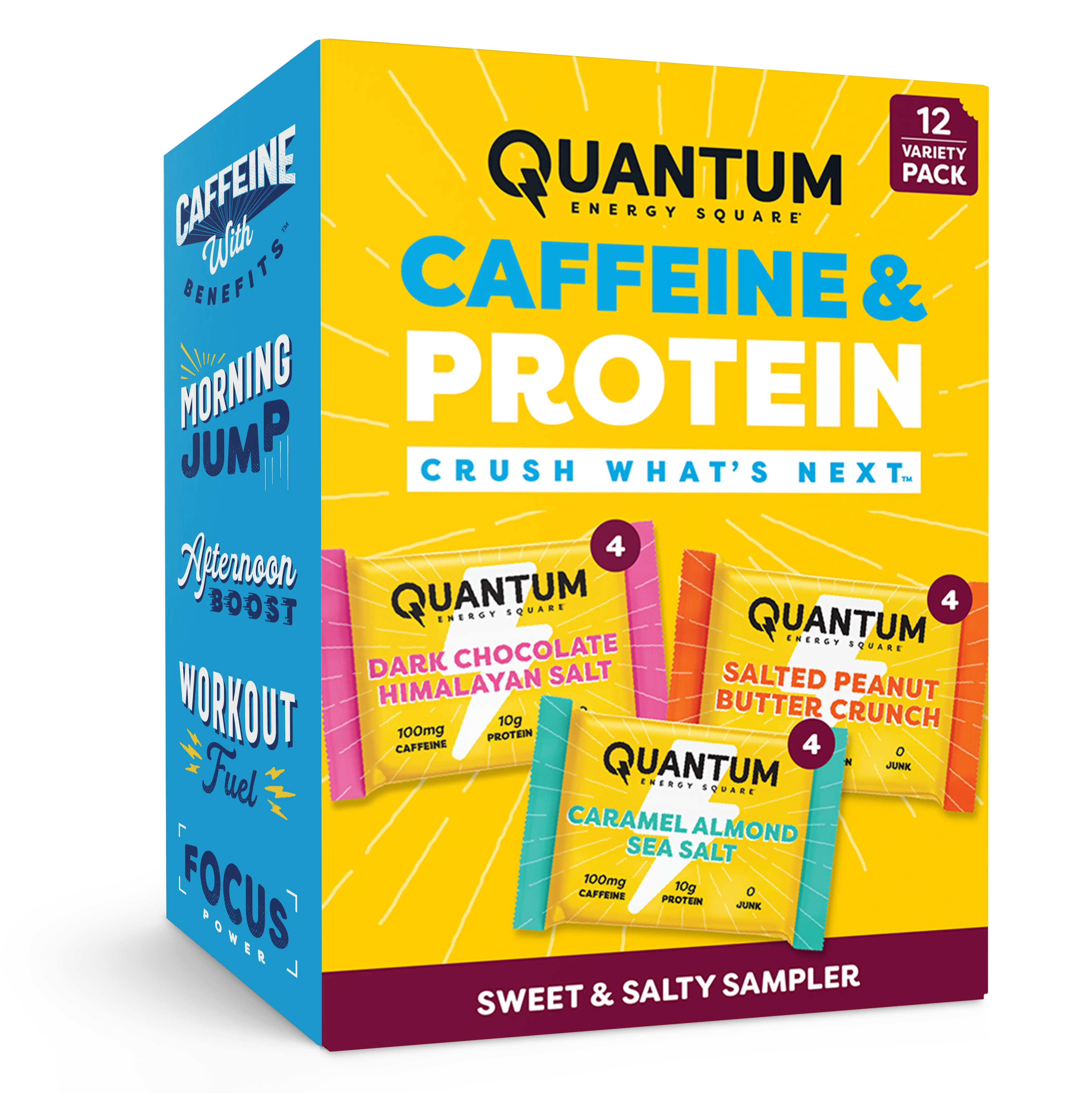 Quantum Energy Square Healthy Protein Energy Bars Sweet & Salty Variety 12-Pack - Organic Caffeine with Balanced Macronutrients, 10g Plant-Based Protein, Vegan, Gluten-Free, Non-GMO