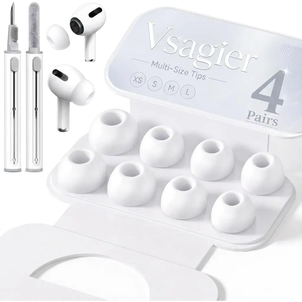 4 Pairs Replacement Ear Tips for AirPods Pro for AirPods Pro 2 with Noise Reduction Hole, Non-Slip Soft Silicone Ear Tips Replacement Buds, 3 in 1 Cleaner Kit for USB-C Charging Case(XS/S/M/L)