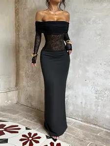 One Shoulder Lace Patchwork Slit Long Dress, Elegant Evening Gown, Stylish Party Wear, Women's Fashionable Clothing