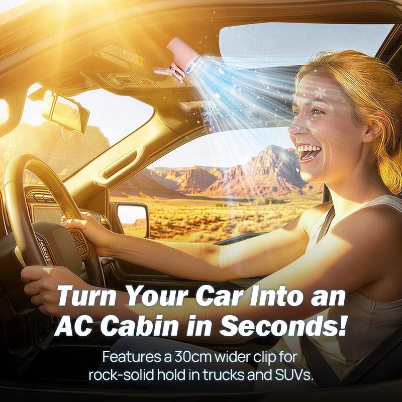 JOYTUTUS 2026 Car Clip On Air Conditioner Fan with LED Display - 360° Rotation, 100 Speeds Adjustable, USB Rechargeable Personal Cooling Fan, 60.8°F Semi-Cooling Wide Clamp 20Hr 3000mAh Battery, 2 Buttons, Left Button for Speed, Right Button for Cooling