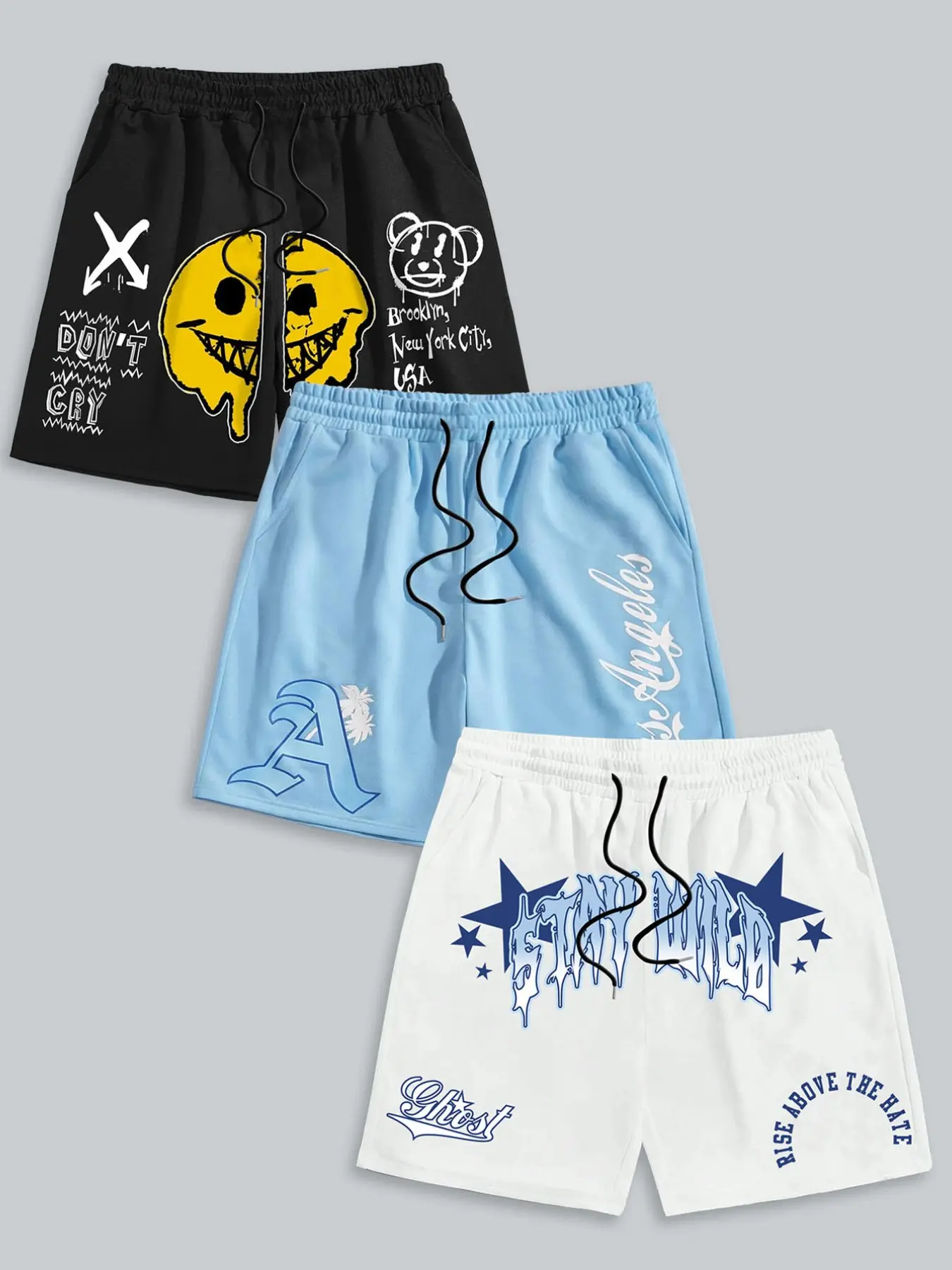 3 Pack Graffiti Graphic Prints Shorts - Multi Color Y2K Streetwear Casual Fitted Summer Shorts