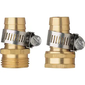 2 Pack 3/4 Inch Brass Thread Garden Hose Connector Hose Mender End Repair Kit, Male and Female Garden Hose Fittings with Clamps