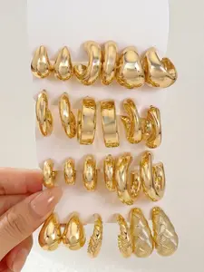 24PCS CCB Gold Chunky Open Hoop Earrings Set for Women, Multi‑Style Teardrop Twisted Ribbed Textured C‑Shaped Earrings, Trendy Minimalist Luxury Fashion Jewelry for Daily Wear