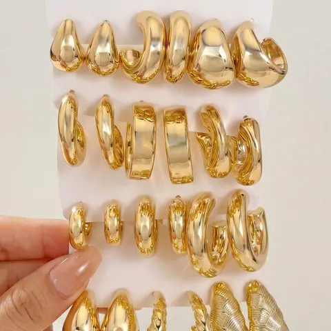 24PCS Gold CCB Open Hoop Earrings Set, Multi Styles Teardrop Twist Vertical Texture C Shaped Ear Hoops, Minimalist Luxury Trendy Daily Fashion Ear Jewelry for Women, Fashionable Earrings