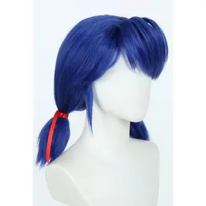 Miraculous Ladybug Blue Wig Short Pigtail Anime Halloween Cosplay Wig with Red Ribbon