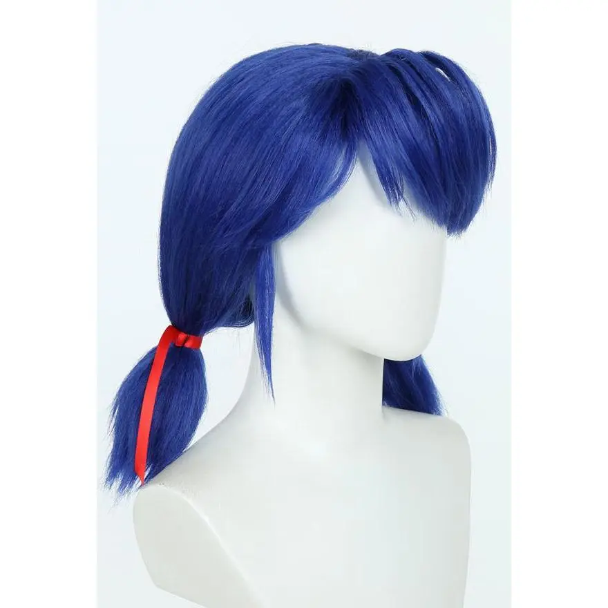 Miraculous Ladybug Blue Wig Short Pigtail Anime Halloween Cosplay Wig with Red Ribbon