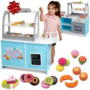Svan Wooden Bakery Playset Pretend Stand- 25 Pc Bake Shop Cafe Counter w Food, Chalkboard, Register & More- Creative Playtime- For Kids, Girls & Boys