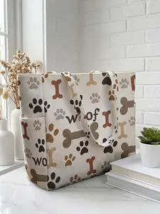 Dog Bone & Paw Print Travel Bag, Large Capacity Storage, Durable Multi-Pocket Design, Zipper Closure, Ideal for Work, Shopping, Picnic