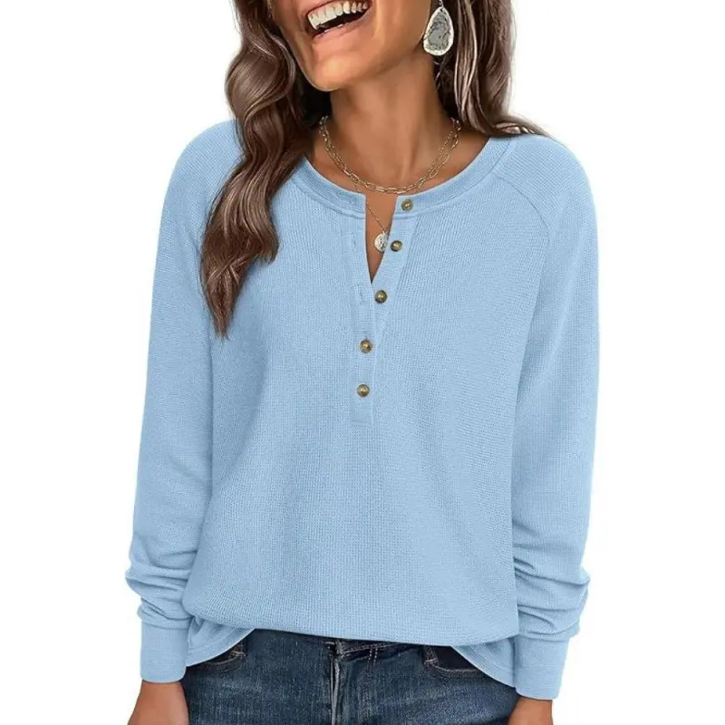 Women's Casual Waffle Knit Henley Shirt, Loose Fit Longsleeves Tunic Top, Polyester Elastane Knitwear for Daily Wear, Knitted Blouse, Shirts, Loose-Fitting, Basic, Tunic Length, Polyester Knit