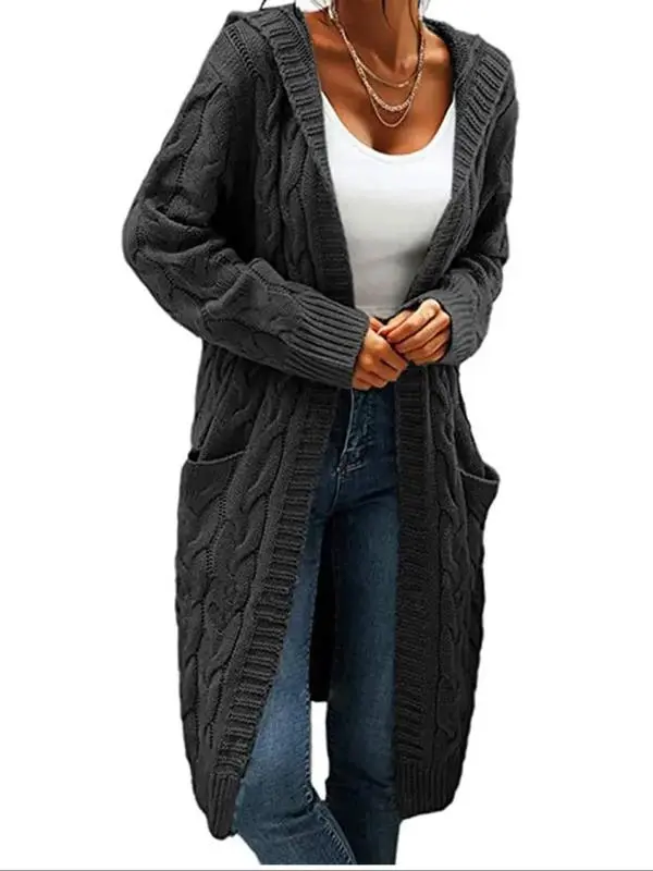 Women's Plus Size Solid Hooded Knit Cardigan - Casual Button-Down Knitwear with Long Sleeves, Pockets, Sweater Coat