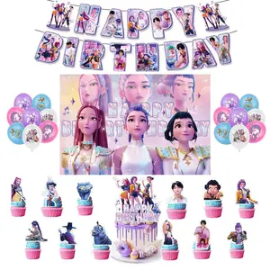 K-Pop Birthday Party Decor Set with Birthday Pink Backdrop, Cake & Cupcake Toppers, Banners and Balloon K-Pop Theme Party for Girls Kids K-Pop Fans' Favorite