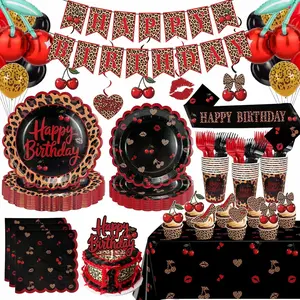 Red Cheetah Print Birthday Decorations, Leopard Birthday Party Supplies Include Plates Napkins Cups Banner Tablecloth Hanging Swirls Cake Topper Balloons for Girls Women