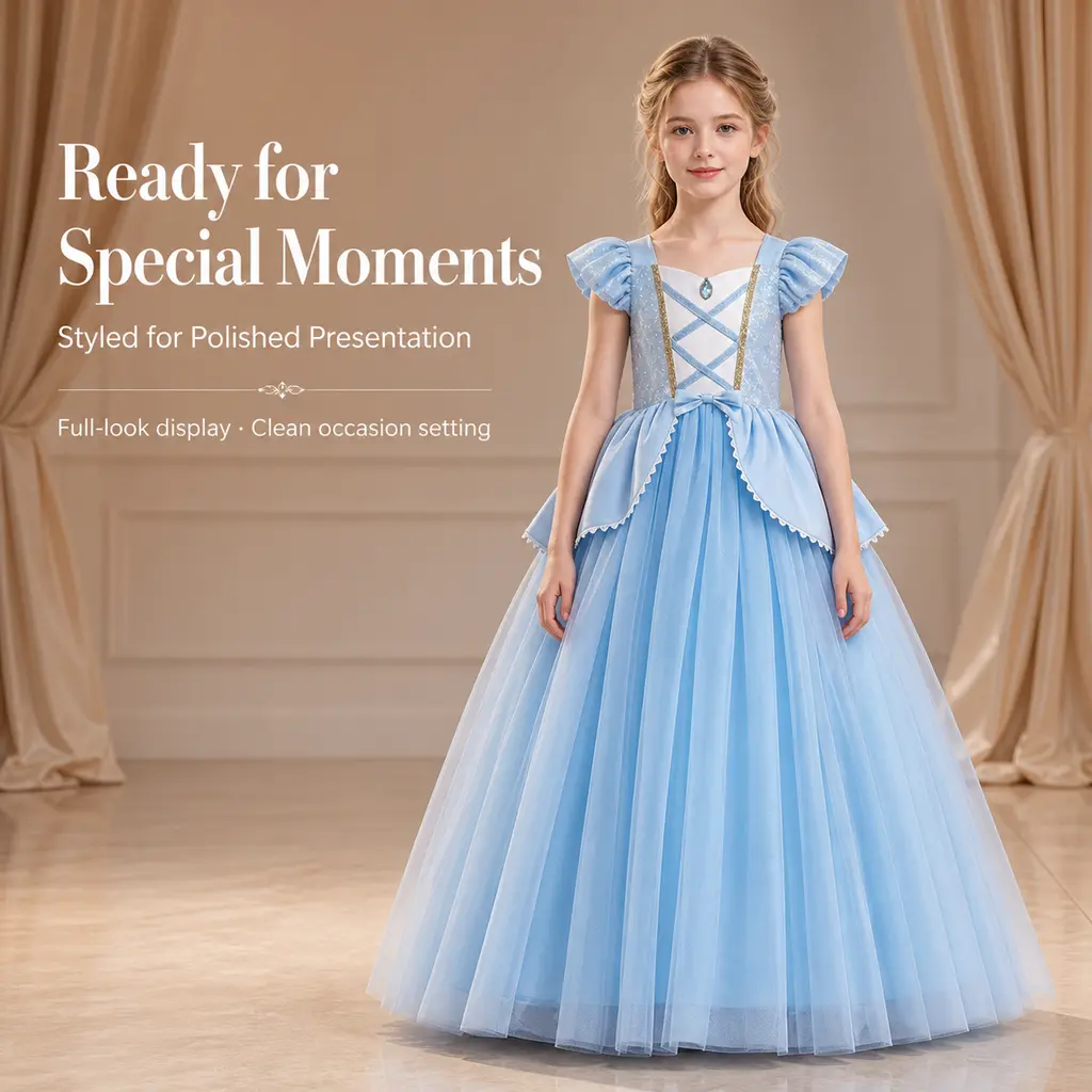 Girls Cinderella Princess Dress, Puff Short Sleeve Sequins Spliced Layered Tulle Ball Gown, Kids Blue Formal Costume for Party Birthday Halloween