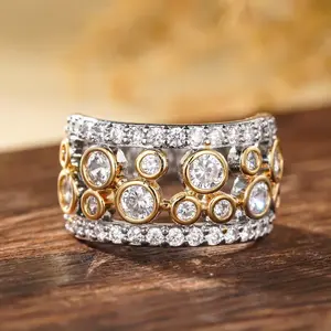 Creative Luxurious Shimmering Ring, Two-Tone Round Zircon Embedded, Festival Party Ethnic Daily Jewelry, Modern Art Design, Holiday Gift