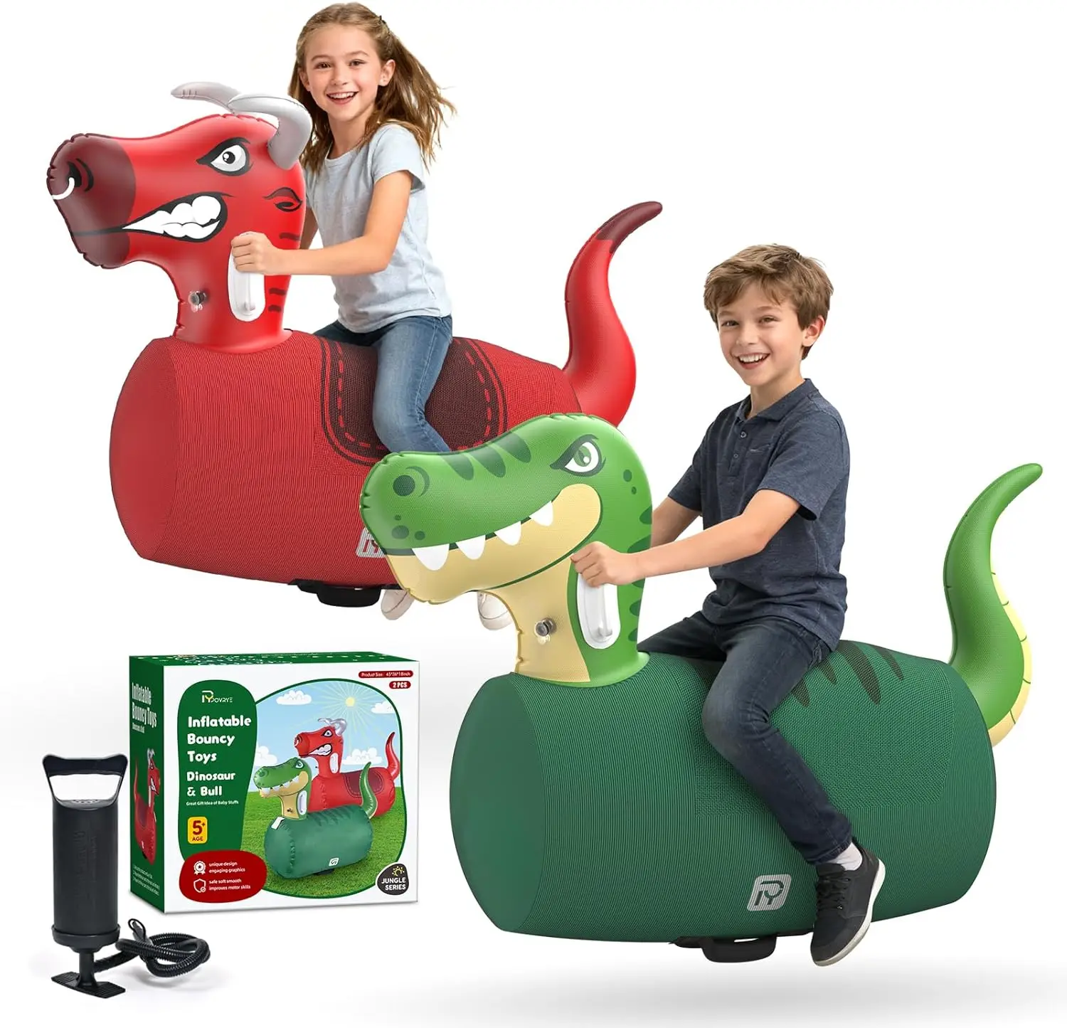Hoppers Kids Boys Outdoor Toys, 2 PCS Giant Inflatable Dinosaur Bull Toys Bouncy Hopper, Ride-on Jumping Animal for Indoor Outdoor Play, 220 lbs Capacity, Gift for Ages 5+