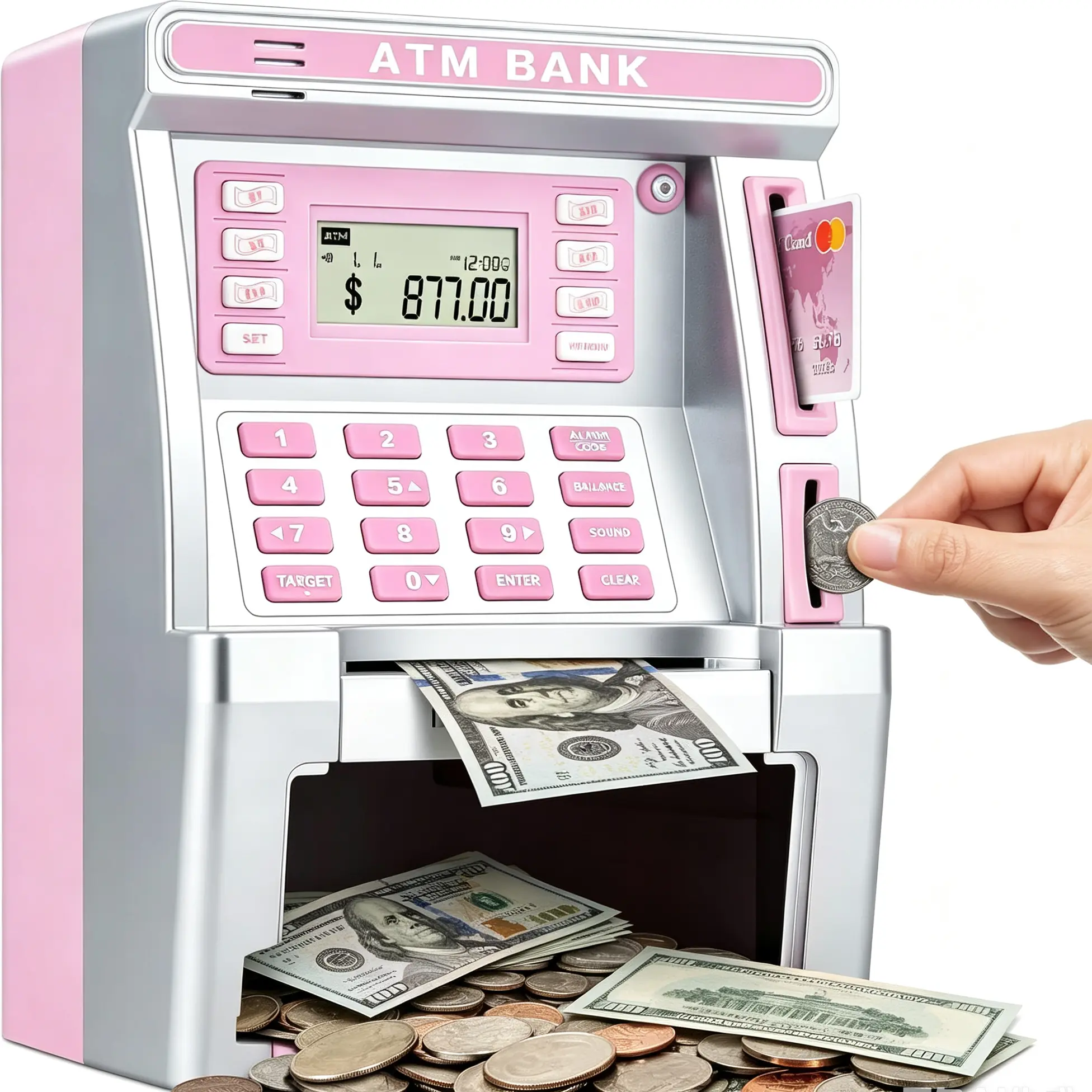 Pink Kids ATM Piggy Bank Electronic Savings Safe Box With Debit Card Bill Slot Coin Recognition Balance Calculator Real Money Storage Toy Gift For Teen Boys And Girls,prank,slow,rise