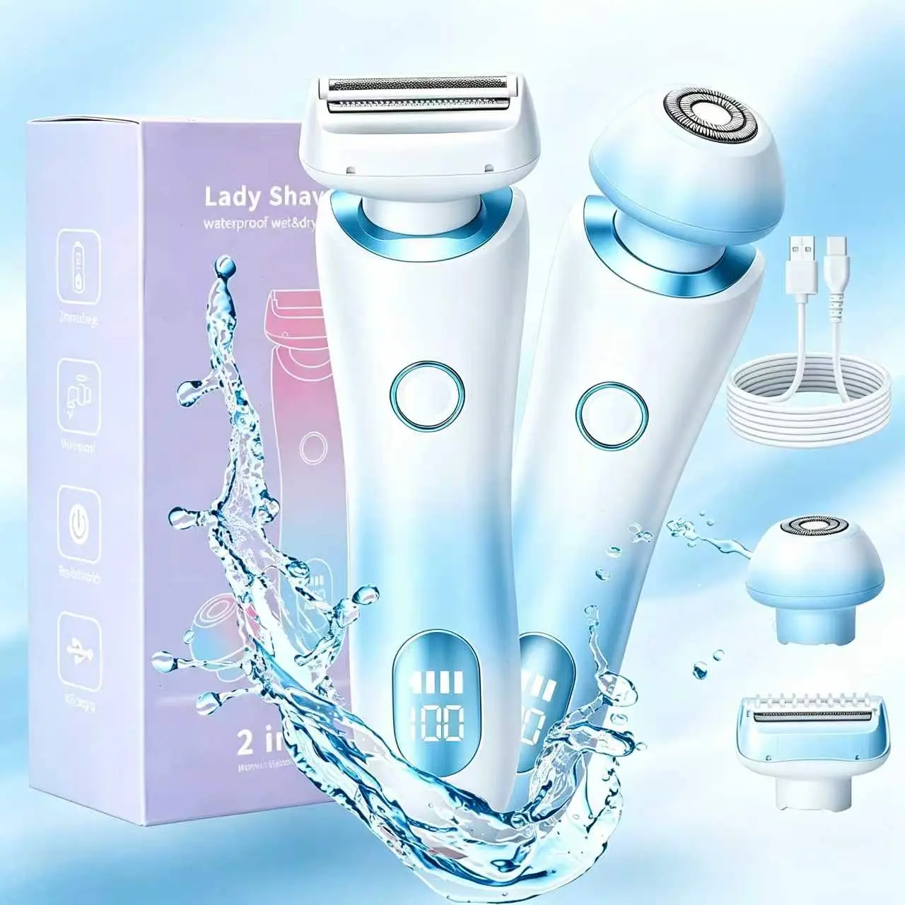 Rechargeable 2 in 1 Electric Lady Shaver, Wet Dry Waterproof Painless Body Hair Remover for Legs Armpit Bikini intimate gift travel washable blade woman pubic
