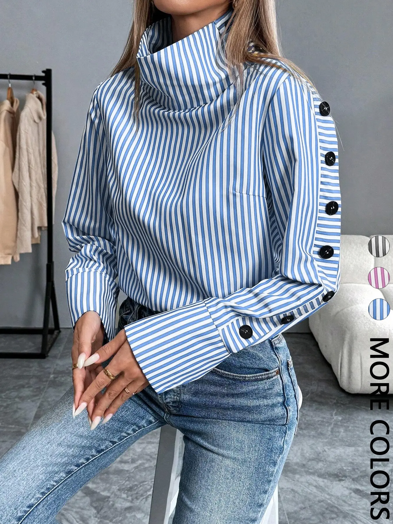 Women's Casual Striped High-Neck Shirt, Button Design, Daily Wear, Fall/winter, Office Commute Essential, Fitted Style, All Seasons
