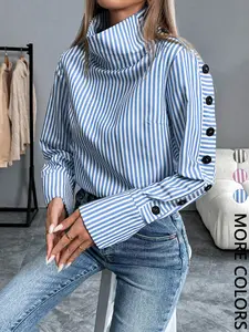 Women's French Striped Casual Long Sleeve Button-Up Shirt Blouse, Fitted Style, All Seasons Wear, Comfortable, Chic and Stylish