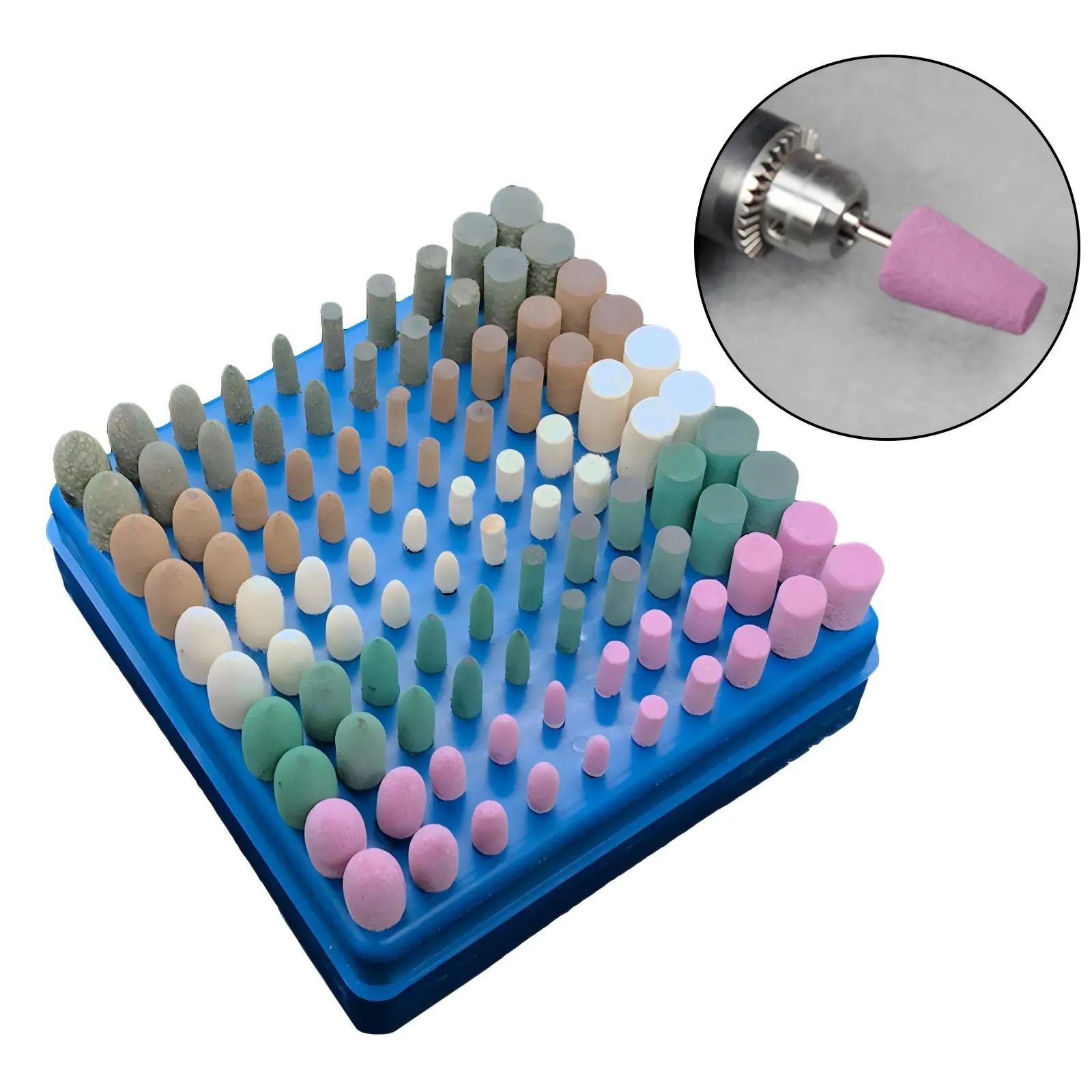100 Pcs Abrasive Mandrel Mount Polishing & Grinding Bits Assortment Set - 1/8 in Shank Buffing Bits with 2 Cylindrical & 2 Shapes, 5-Size Heads for Gem Polishing, Two Shapes
