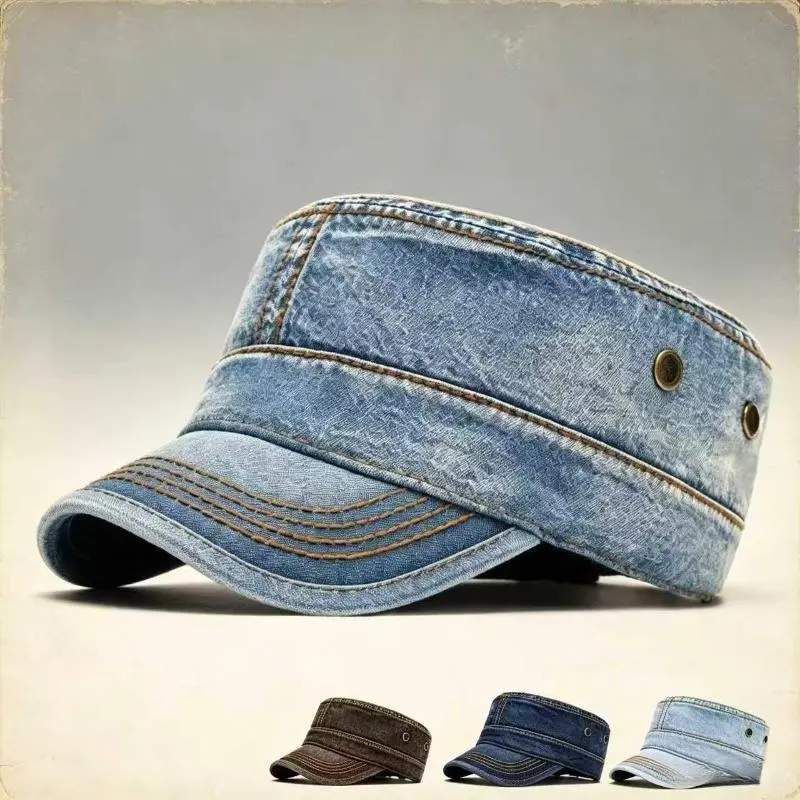 BIGWIG Washed Denim Cadet Cap - Unisex Retro Flat Top Officer Hat with Distressed Look, Adjustable Back Strap, Faded Finish for Urban Streetwear, Daily Commute