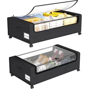 Under Bed Shoe Storage Organizer, 10 Inch Rolling Underbed Drawers for Clothes, Blankets, Winter Clothing & Shoes - Metal Frame Storage Bins with Handles, Dual Zippers, Clear Window 2 Pack Black