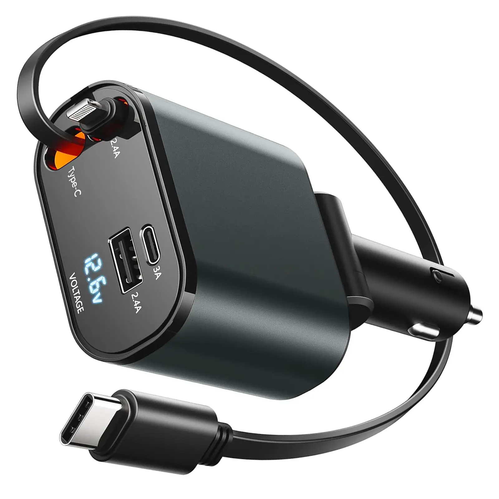 4-in-1 Retractable Car Charger, 60W Fast USB C Charging Adapter with Lightning Cable & Dual Ports for iPhone, iPad, AirPods, Samsung, Google Devices