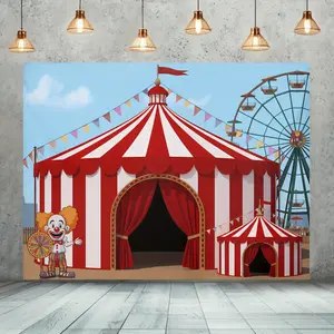 2D Flat Banner Party Banners, Circus Carnival Design, Starry Tent & Ferris Wheel, Striped Background, Durable Polyester