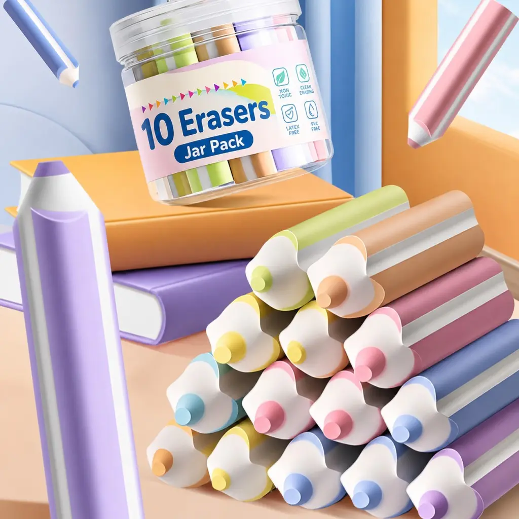 10-Piece Pen-Shaped Erasers Set, Colorful Pencil Shape Easy Erasers, Fun Pencil Erasers for Home Office Learning Use, Small Gifts, Stationery Supplies, School Stationery