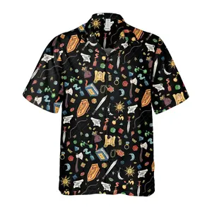 DND Adventure Hawaiian Shirt - Unisex RPG Dice Weapons and Magic Items Pattern Button-Up in Vibrant Colors Made from 65% Polyester 35% Cotton Blend for Comfortable Casual Wear Fabric Menswear