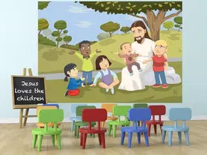 Jesus Loves The Children Mural - Children's Mural Featuring Jesus with a Child, Featuring Colorful Artwork for Learning Environments