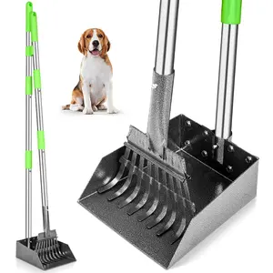 Dog poop scooper, long handle stainless steel tray and rake for small and medium dogs, heavy duty pet supplies for grass, dirt or gravel