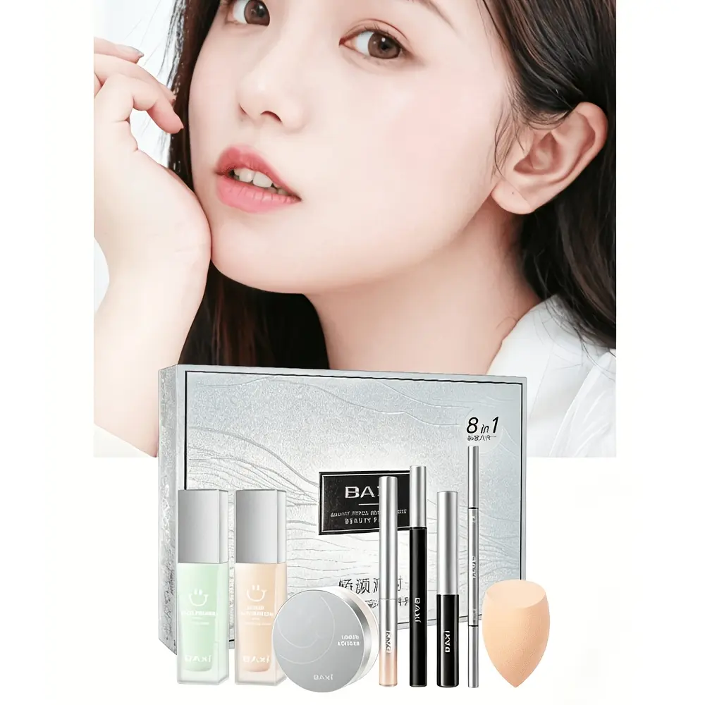 Makeup Set - Includes beauty sponge, foundation, concealer, primer, loose powder, eyeliner, mascara, eyebrow pencil, a complete set suitable for beginners, a great choice for gifting
