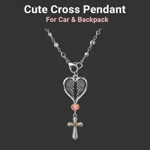 Guardian Heart Wing Cross Charm, Silver Color Pendant with Crystal, Elegant Decoration for Car Steering Wheel & Handbag Accessories