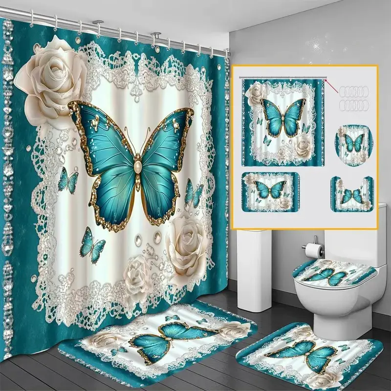 1pc/4pcs floral and butterfly pattern bathroom set, festive design, non-slip floor mat, U-shaped rug, toilet seat cover, perfect for bathroom decoration, partition, 12 free shower curtain hooks, Restroom bathroom accessories, Aesthetic bathroom decor