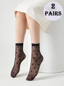 2 Pair of Women's Casual Polka Dot Knee-High Socks, Ultra-Thin and Transparent Anti-Run Silk Socks for